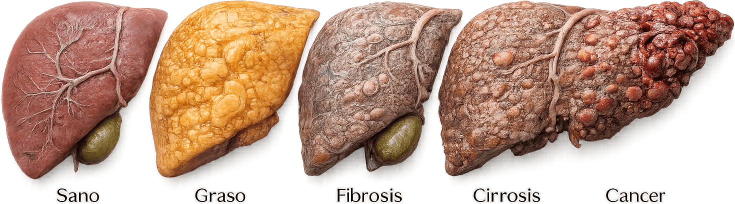 Comparación de cinco hígados que muestra la progresión del daño: sano, graso, fibrosis, cirrosis y cáncer.