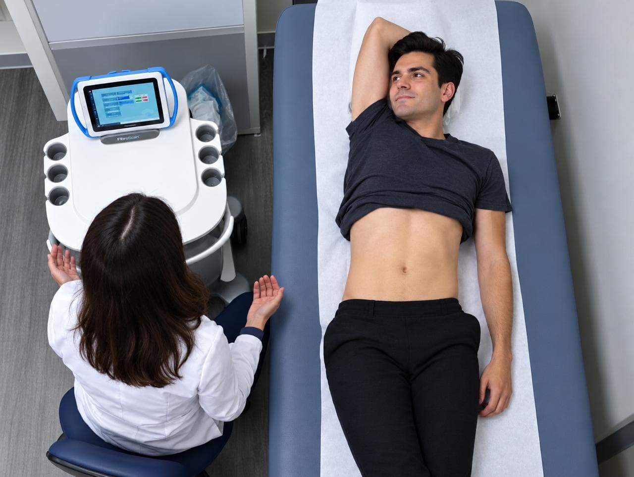 Operador de FibroScan mostrando los resultados del estudio en pantalla a una paciente